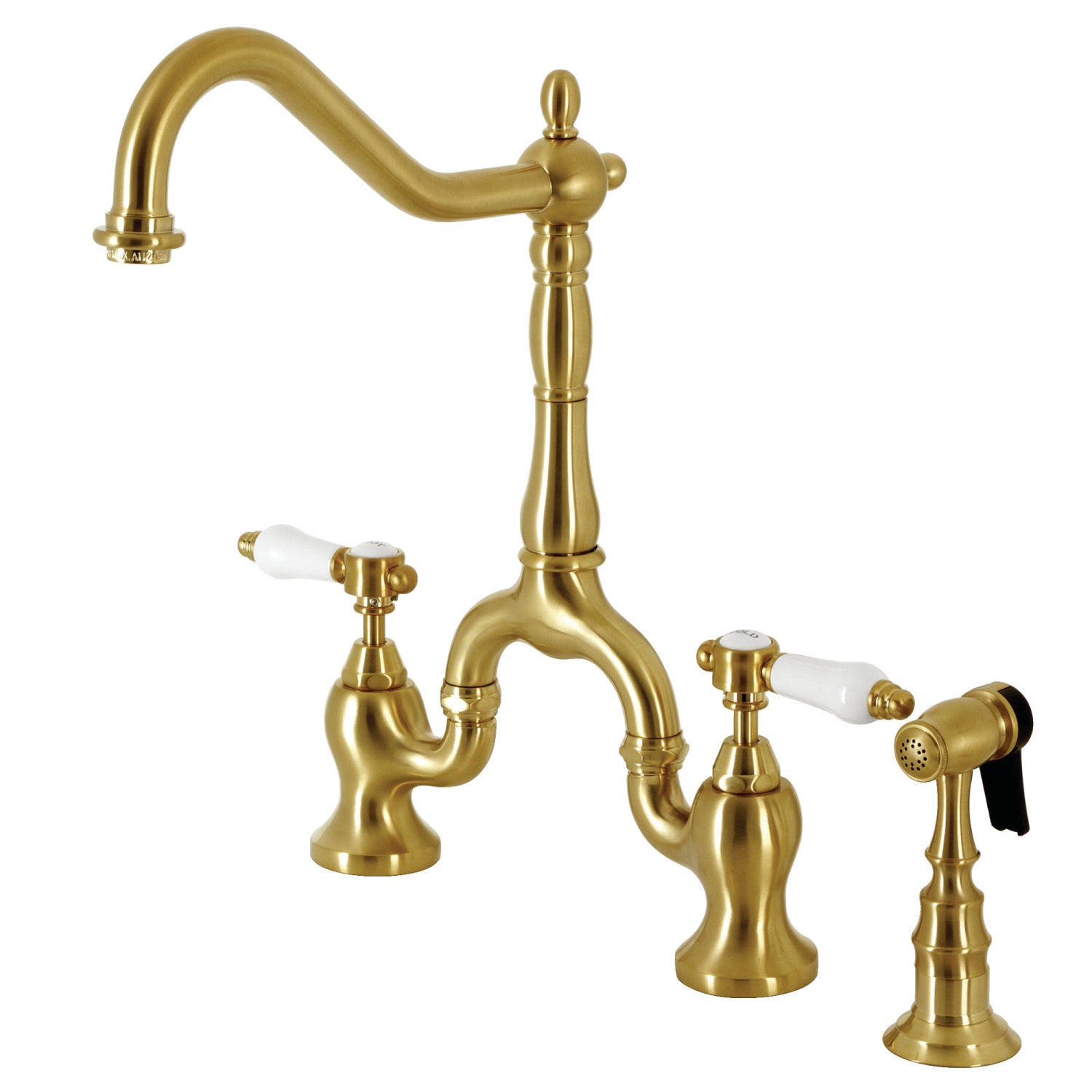Kingston Heirloom KS7757BPLBS - Bel-Air Two-Handle 3-Hole Deck Mount Bridge Kitchen Faucet with Brass Sprayer, Brushed Brass — image 1
